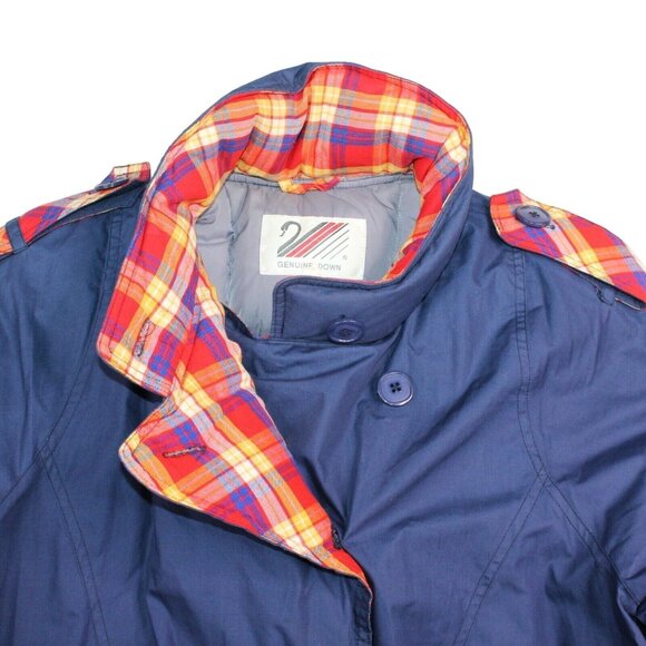 Vintage 80s XL Rainbow Trim Genuine Down Blue Coat Jacket Ski Snowboard Winter - Picture 10 of 12